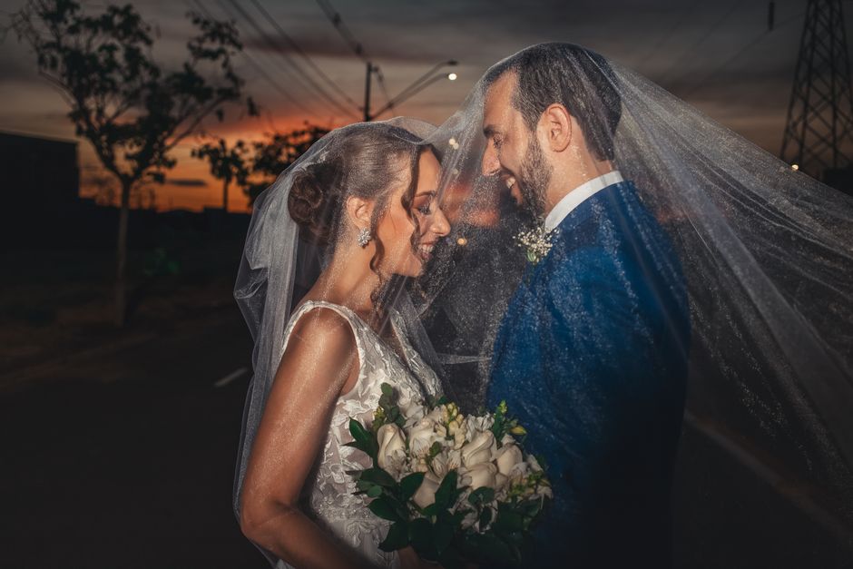 Bride and groom sunset portrait showing elegant wedding photography